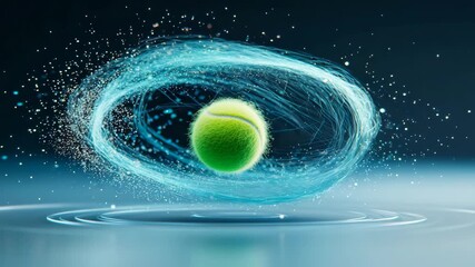 Dynamic tennis ball in motion surrounded by an energetic glowing swirl at a futuristic setting - Powered by Adobe