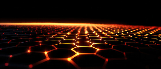 Glowing hexagon grid futuristic network cyber security orange light dark background flowing