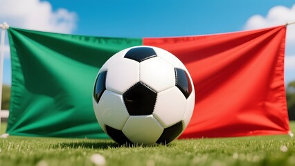 Fototapeta premium Soccer Ball on Grass with Italian Flags in Bright Sunny Day