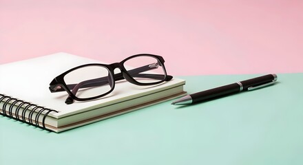 glasses notebook pen for writing diary on pink blue pastel background