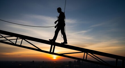 Silhouette of a Person Walking on a Rope Bridge at Sunset with Dramatic Sky