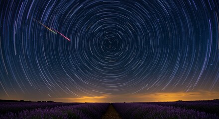 Celestial ballet: Star trails and a meteor over lavender fields in a dark nightscape