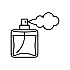 Minimalist outline illustration of a perfume bottle spraying a cloud of fragrance