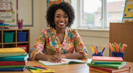 Smiling black teacher in classroom surrounded by books and school supplies indoors
