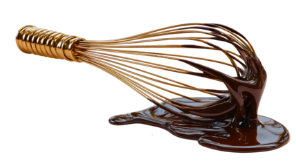 A kitchen whisk with dripping melted dark chocolate, a baking tool for mixing a delicious dessert ganache, a close-up of a rich and sweet confectionery sauce, an isolated utensil for a pastry chef.