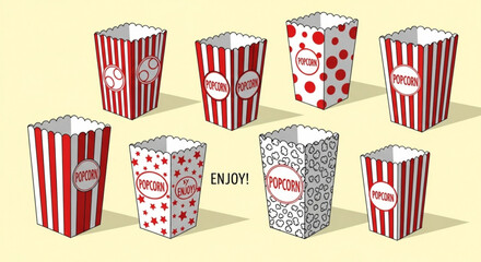 Collection of popcorn boxes with various designs, including stripes, polka dots, and stars, perfect for movie nights, snacks, and entertainment concepts