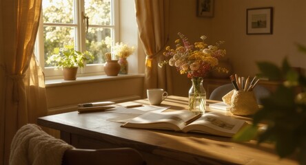 Sunlit room with a table, window, and flowers