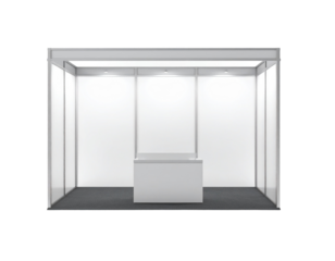 Modern exhibition booth featuring sleek glass panels and a central display counter, designed for showcasing products or information.