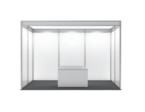 Modern exhibition booth featuring sleek glass panels and a central display counter, designed for showcasing products or information.