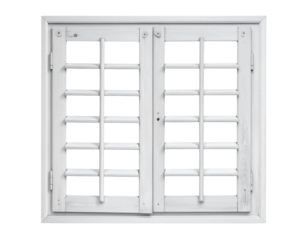 A pair of white wooden shutters featuring a grid pattern, designed for covering windows and enhancing aesthetics.