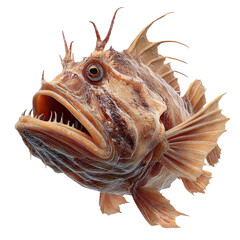 Png of a menacing sea robin fish with sharp teeth and spiky fins, isolated on transparent background, a unique marine creature with a distinctive look