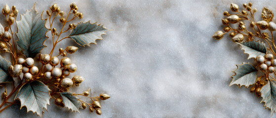 Elegant Holiday Frame with Frosted Holly and Golden Accents Background