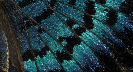 Macro Close-up of a Butterfly Wing with Blue and Green Iridescent Texture