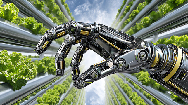Robotic hand reaching into a vertical farm with rows of green plants under a bright sky