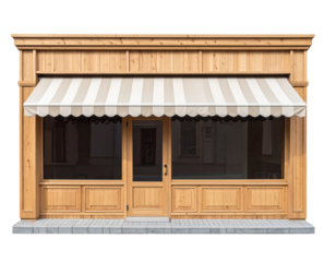 A wooden storefront with a striped awning, featuring large windows and a classic design that emphasizes craftsmanship and aesthetic appeal.