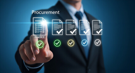 Businessman s finger selecting procurement document with checklist and approval icons