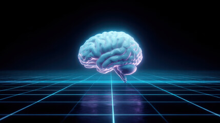 Glowing brain neon hologram cyber grid blue digital science anatomy technology