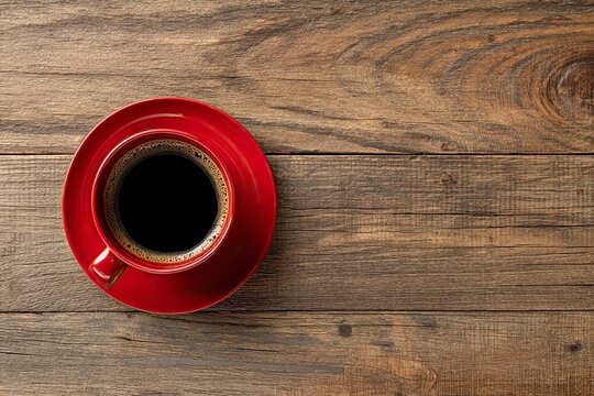 Red Coffee Mug Filled with Black Coffee on Wooden Table Surface