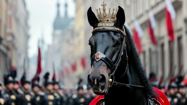 Majestic horse in royal attire leads a parade through the city streets during a historic celebration
