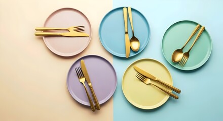 plates in pastel colors and golden spoon fork and knife flat lay top view