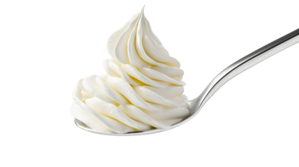 A spoonful of fresh whipped cream, a sweet and delicious dairy topping for desserts, a light and fluffy swirl of cream on a silver spoon, an elegant concept isolated on a white background