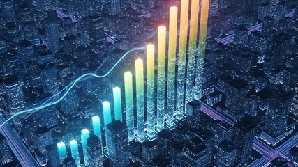 Economic Growth chart rising over digital city, business analysis, investment strategy, stock market prediction. Financial growth, technology, data analysis, innovation. - Powered by Adobe