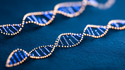 Double helix DNA structure with illuminated strands on a dark blue background