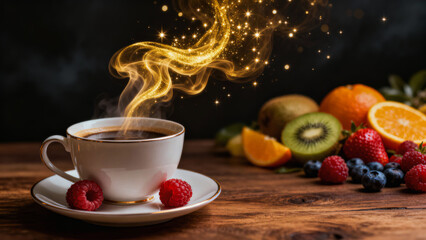 Longevity science inspires magical morning with coffee, raspberry, and fresh fruit on wood