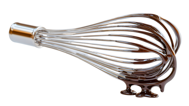 A kitchen whisk with dripping melted dark chocolate, a baking tool for mixing a delicious dessert ganache, a close-up of a rich and sweet confectionery sauce, an isolated utensil for a pastry chef.