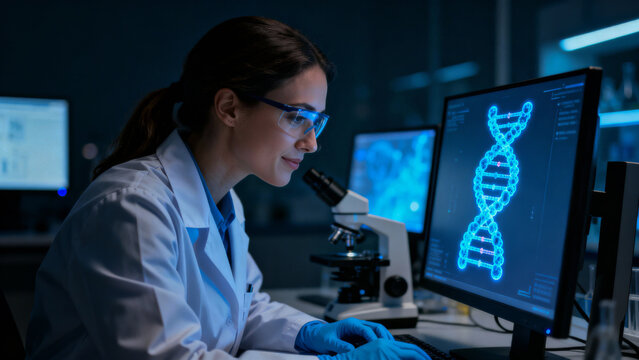 Longevity science research in laboratory with female scientist analyzing DNA on computer screen