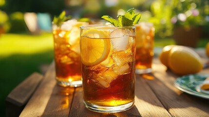 Refreshing iced tea served in clear glasses, garnished with lemon and mint, set against a vibrant garden backdrop.