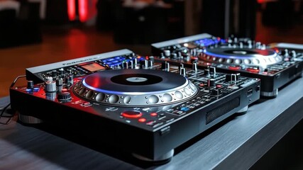High-quality DJ equipment ready for a vibrant party atmosphere at a lively venue in the evening