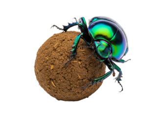 A colorful dung beetle meticulously carries a ball of rich, dark brown dung against a stark black backdrop.