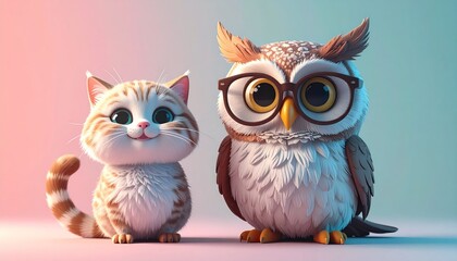 Obraz premium Cute cartoon cat and owl