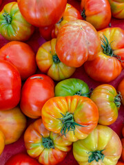 Assorted colorful tomatoes in crates at farmer market