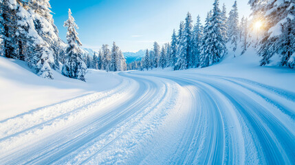 Fototapeta premium Breathtaking snow-covered winter road curving through forest of frosted pines, illuminated by golden sunlight in serene mountain landscape