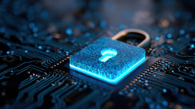 Neon lock hologram cyber security data protection glowing blue digital circuit secure