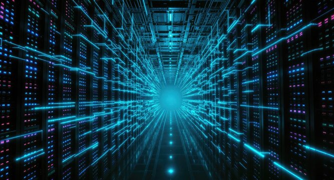 Futuristic server rack tunnel, glowing lines