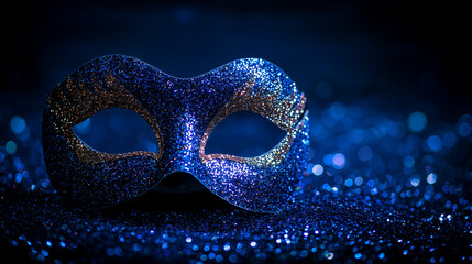 Halloween celebration, masquerade blue mask with glitter, copy space.