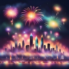 Illustration d'une ville &eacute;clair&eacute;e par un feu d'artifice.
