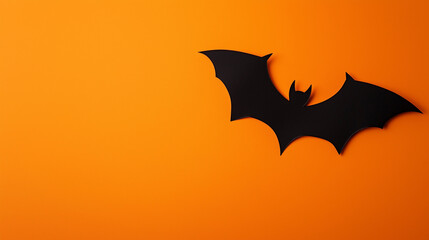 Single black bat on orange background, minimalist photo, copy space.