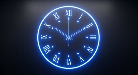 A glowing neon blue clock face, Roman numerals, on a dark backdrop, displays a modern and striking timepiece design.