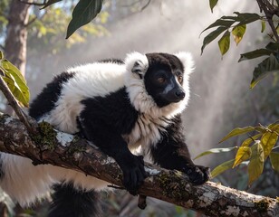 Naklejka premium Lemur resting on branch in forest