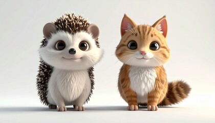 Fototapeta premium Cute hedgehog and cat cartoon animals