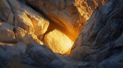 A stunning rock formation illuminated by golden light, creating a natural archway that highlights the textures and colors of the stone.