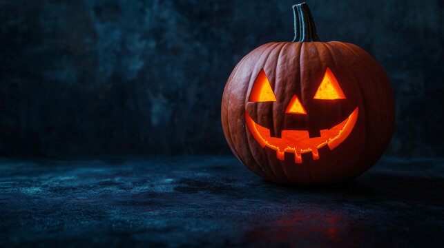 Single carved Jack-o'-lantern pumpkin glowing on dark background, space for text.
