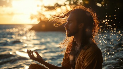 A serene man meditates by the water at sunset, surrounded by nature, embodying calmness and mindfulness.