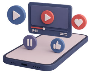 Smartphone with 3D video player interface and social media icons mobile device isolated on a transparent background