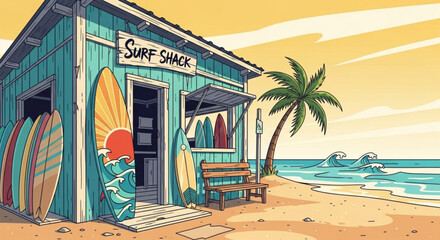 Charming surf shack on a sunny beach with surfboards, palm tree, and ocean waves, evoking a sense of summer vacation and coastal lifestyle
