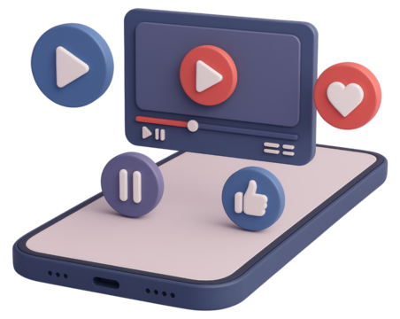 Smartphone with 3D video player interface and social media icons mobile device isolated on a transparent background